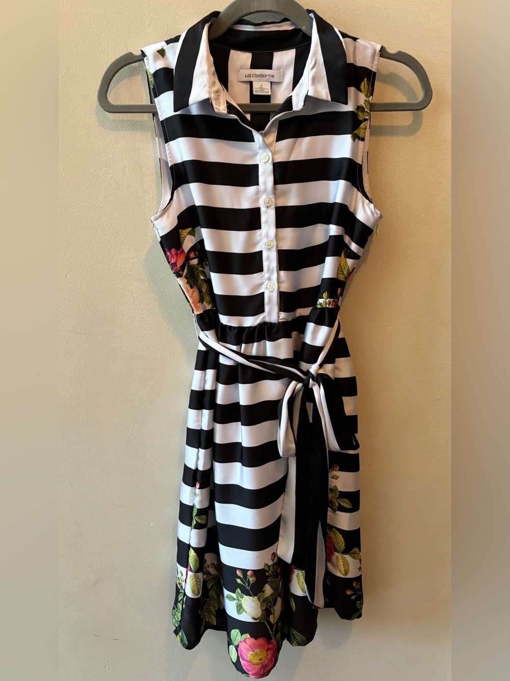 Liz Claiborne Black and White Striped Midi Dress with Floral Trim